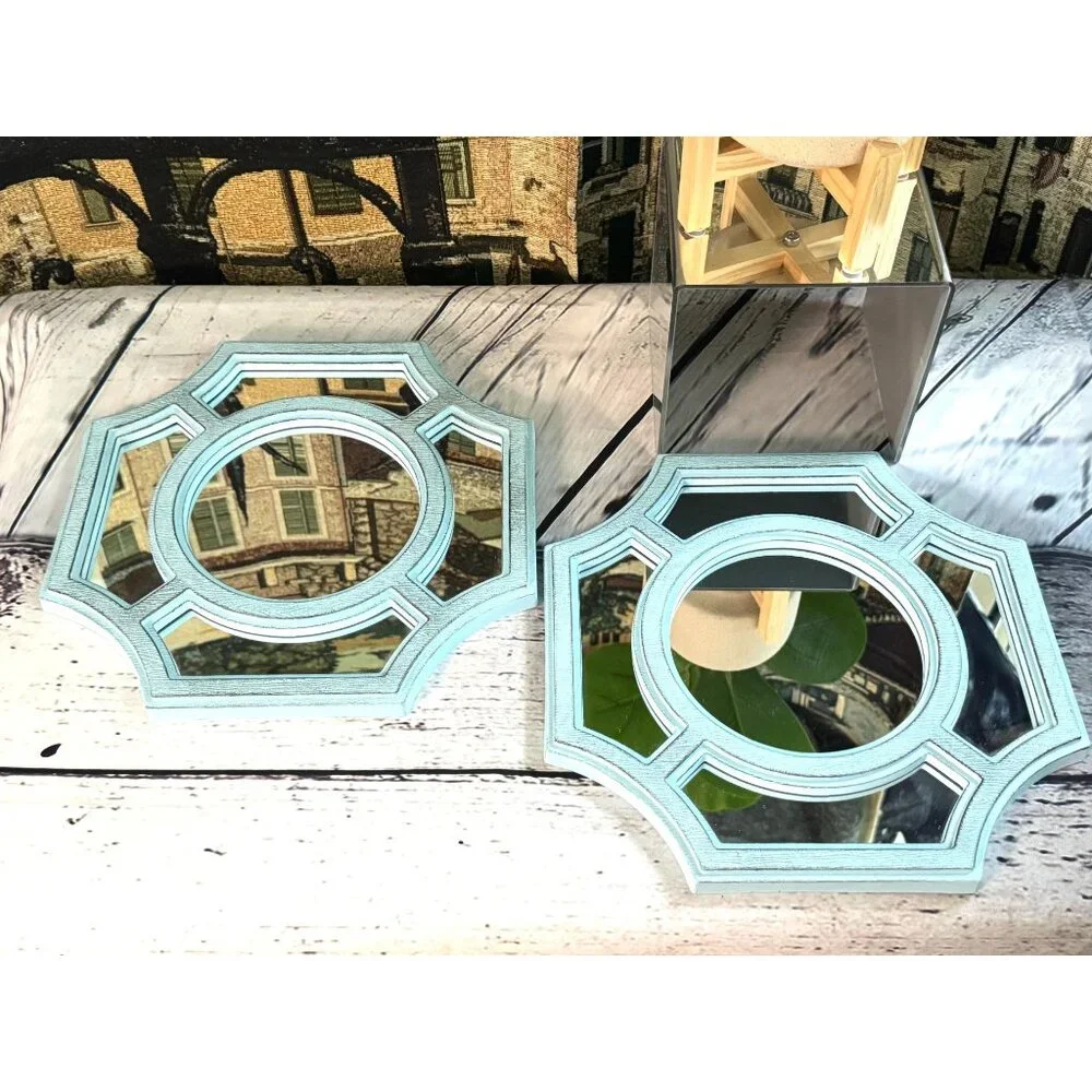 Set Of 2 Light Blue Octagonal Wall Mirrors With Geometric Design